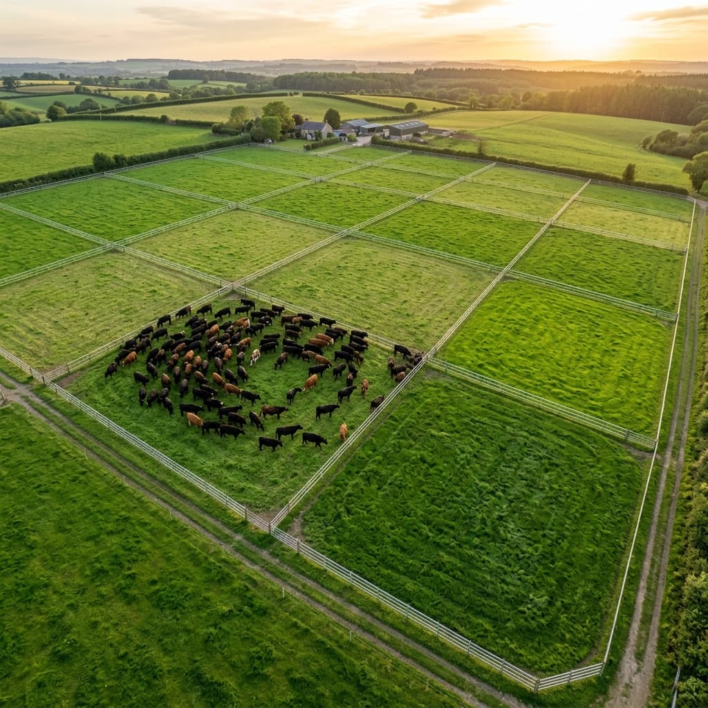 Pastoreo rotativo holístico — vista aérea de potreros con hacienda